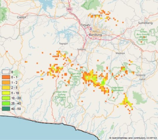Figure 2: Current cropland area (in hectare per pixel; one pixel measures approx. 85 ha) suitable for seed potato production near Bandung. Suitable if: Elevation > 1200 m and slope < 2%.