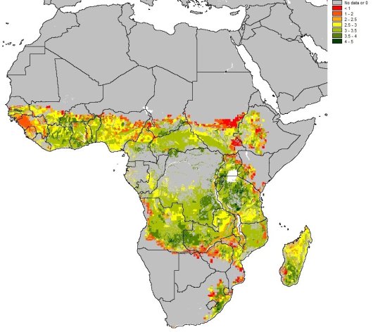 Figure 1: Simulated average rain fed maize yield (ton grain dry matter per hectare (1991 &ndash; 2010) fertilized with 100 kg N ha-1 at cropland locations in Sub-Saharan Africa. 